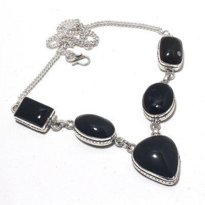 On 0565a collier parure sautoir 36gr onyx noir 25x20mm bijou 1900 art deco gothique argent 925