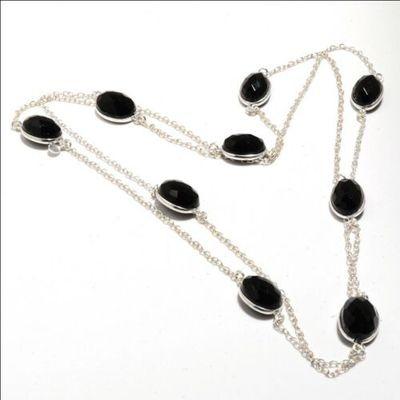 On 0572a collier parure sautoir 18gr onyx noir 8x12mm bijou 1900 art deco gothique argent 925
