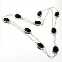 On 0572a collier parure sautoir 18gr onyx noir 8x12mm bijou 1900 art deco gothique argent 925