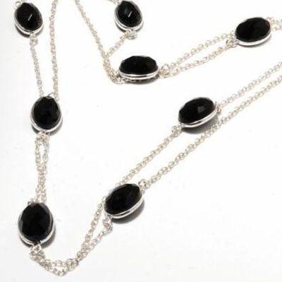 On 0572b collier parure sautoir 18gr onyx noir 8x12mm bijou 1900 art deco gothique argent 925