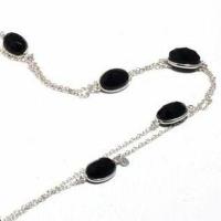 On 0572c collier parure sautoir 18gr onyx noir 8x12mm bijou 1900 art deco gothique argent 925