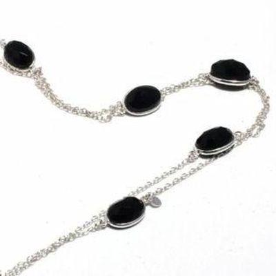 On 0572b collier parure sautoir 18gr onyx noir 8x12mm bijou 1900 art deco gothique argent 925