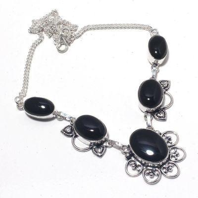 On 0574a collier parure sautoir 29gr onyx noir 15x20mm bijou 1900 art deco gothique argent 925