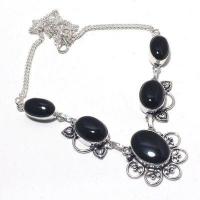 On 0574a collier parure sautoir 29gr onyx noir 15x20mm bijou 1900 art deco gothique argent 927