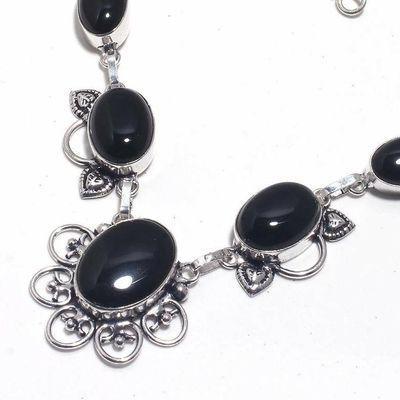 On 0574a collier parure sautoir 29gr onyx noir 15x20mm bijou 1900 art deco gothique argent 925