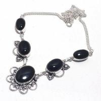 On 0574d collier parure sautoir 29gr onyx noir 15x20mm bijou 1900 art deco gothique argent 927