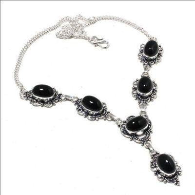 On 0581b collier parure sautoir 28gr onyx noir 10x15mm bijou art deco gothique argent achat vente