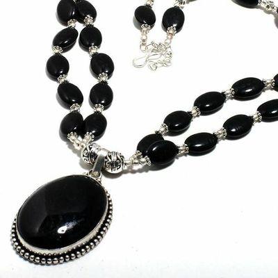 On 0600b collier parure 61gr 2rangs onyx noir pendant 28x40mm bijou art deco gothique argent 925