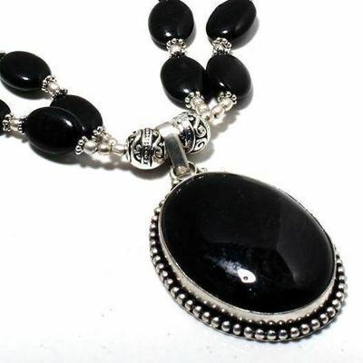 On 0600b collier parure 61gr 2rangs onyx noir pendant 28x40mm bijou art deco gothique argent 925