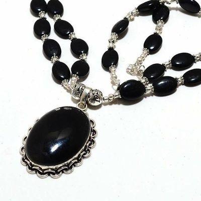 On 0606b collier parure 60gr 2rangs onyx noir pendant 28x38mm bijou art deco gothique argent 925