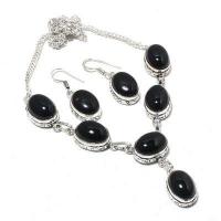 On 0610a collier boucles oreilles 37gr onyx noir 10x15mm bijou art deco gothique argent 925