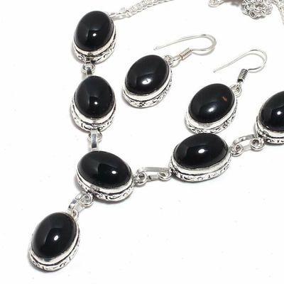 On 0610b collier boucles oreilles 37gr onyx noir 10x15mm bijou art deco gothique argent 925