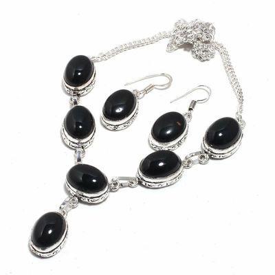 On 0610b collier boucles oreilles 37gr onyx noir 10x15mm bijou art deco gothique argent 925