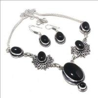 On 0613a collier boucles oreilles 41gr onyx noir 10x15mm bijou art deco gothique argent 925