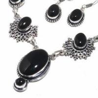 On 0613b collier boucles oreilles 41gr onyx noir 10x15mm bijou art deco gothique argent 925