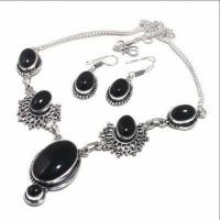 On 0613d collier boucles oreilles 41gr onyx noir 10x15mm bijou art deco gothique argent 925