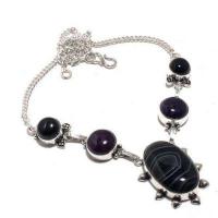 On 0636a collier parure parure 28gr onyx noir pendentif 18x30mm bijou art deco gothique argent