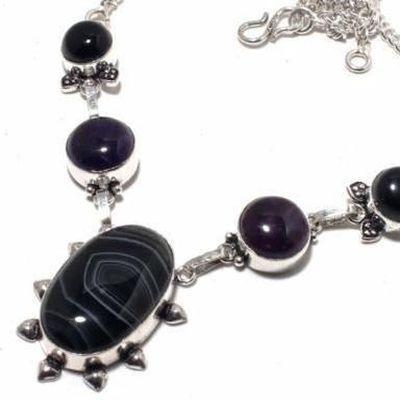 On 0636b collier parure parure 28gr onyx noir pendentif 18x30mm bijou art deco gothique argent