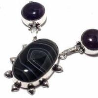 On 0636c collier parure parure 28gr onyx noir pendentif 18x30mm bijou art deco gothique argent