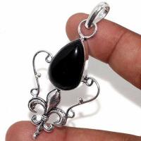 On 0651b pendentif pendant 60mm fleur lys 15x20mm 8gr onyx noir bijou argent 1900 art deco gothique