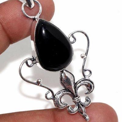 On 0651c pendentif pendant 60mm fleur lys 15x20mm 8gr onyx noir bijou argent 1900 art deco gothique