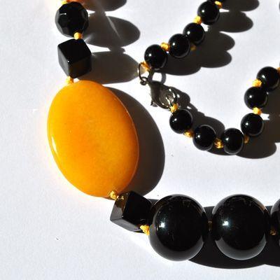 On 1186a collier parure sautoir 94gr onyx noir agate 30x35mm ethnique 1