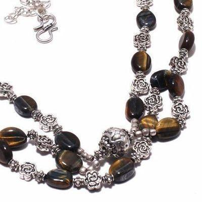 Ot 1023a collier sautoir parure 3 rangs 8x12mm oeil de tigre 58gr argent 925 achat vente 1 1