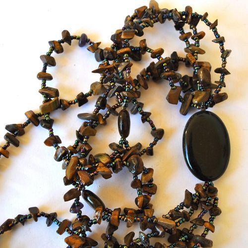 Ot 2003 collier sautoir oeil de tigre onyx noir 99gr 12mm 2