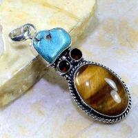 Ot 7878e pendant pendentif oeil de tigre turquoise grenat argent 925 achat vente bijoux