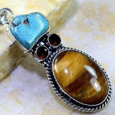 Ot 7878g pendant pendentif oeil de tigre turquoise grenat argent 925 achat vente bijoux