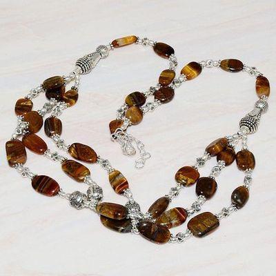 Ot 7918d collier parure sautoir oeil de tigre 8mm 3rangs argent 925 achat vente bijoux