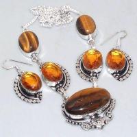 Ot 7922a parure collier boucles oreilles oeil de tigre citrine argent 925 achat vente bijoux