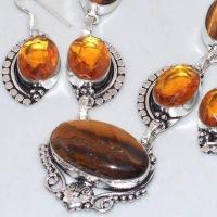 Ot 7922b parure collier boucles oreilles oeil de tigre citrine argent 925 achat vente bijoux