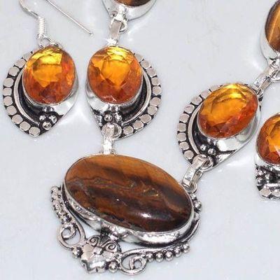 Ot 7922a parure collier boucles oreilles oeil de tigre citrine argent 925 achat vente bijoux