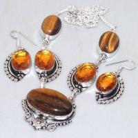 Ot 7922d parure collier boucles oreilles oeil de tigre citrine argent 925 achat vente bijoux