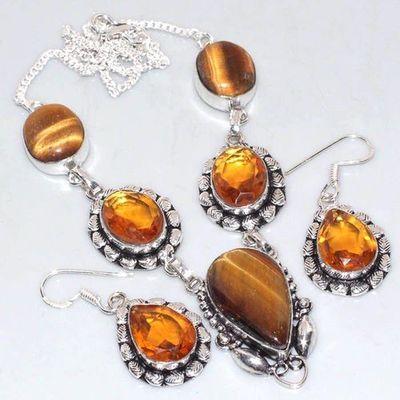 Ot 7923a parure collier boucles oreilles oeil de tigre citrine argent 925 achat vente bijoux