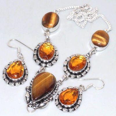 Ot 7923a parure collier boucles oreilles oeil de tigre citrine argent 925 achat vente bijoux