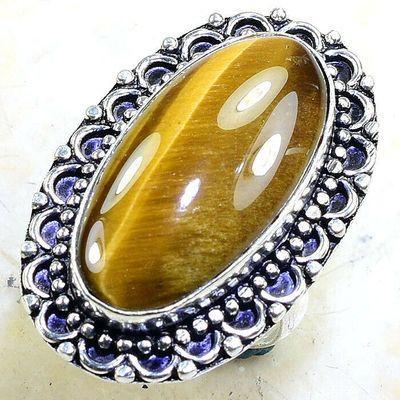 OT-7972 - Grosse BAGUE  Chevalière T57 cabochon  OEIL DE TIGRE  ovale 15 x 30 mm - argent 925 - 12 g - 60 carats