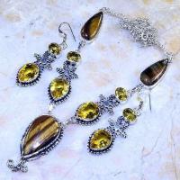 Ot 7986a collier boucles oreilles oeil de tigre citrine 20x35mm ethnique