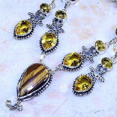 Ot 7986c collier boucles oreilles oeil de tigre citrine 20x35mm ethnique