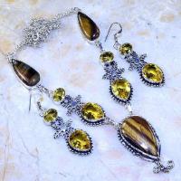 Ot 7986d collier boucles oreilles oeil de tigre citrine 20x35mm ethnique