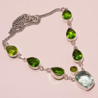 PER-074 - COLLIER 7 PERIDOTS et 1 AIGUE MARINE,  SAUTOIR, PARURE - monture Argent 925 -  155 carat - 31 gr