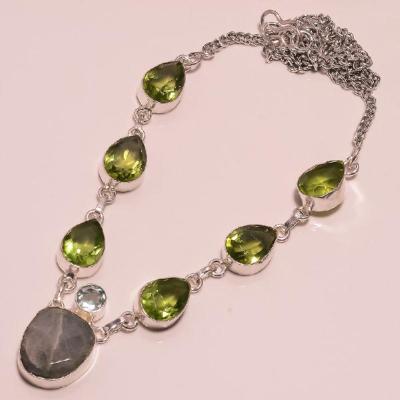 PER-075 - COLLIER 6 PERIDOTS, AIGUE MARINE,  LABRADORITE,  SAUTOIR, PARURE - Argent 925 - 150 carat - 30 gr