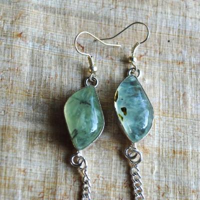 PRN-053 - Paire BOUCLES Pendants d' Oreilles 80 mm PREHNITE Verte - Argent 925 - 60 carats - 12 gr