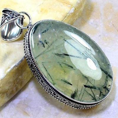 PRN-129 - Gros PENDENTIF PENDANT 60 mm avec 1 PREHNITE Verte polie 35 x 38 mm - Monture en Argent 925 - 185 carats - 37 gr