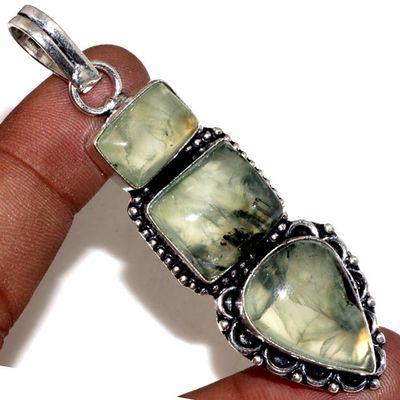 Prn 157c pendentif pendant 70mm 25x15mm 16gr prehnite verte ethnique achat vente bijou argent 925