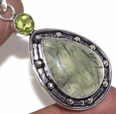 Prn 159c pendentif pendant 70mm 20x30mm 16gr prehnite peridot ethnique achat vente bijou argent 925