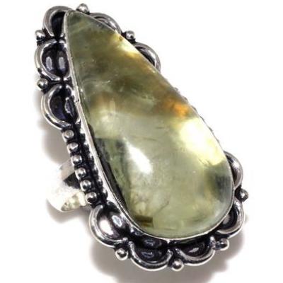 PRN-163 - BAGUE T 53  en PREHNITE Verte taillée amande  18 x 35 mm sur Monture Argent 925 - 60 carats - 12 gr