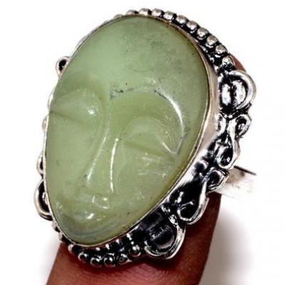 PRN-165 - Grande BAGUE T 55  BOUDDHA résine PREHNITE Verte  25 x 30 mm sur Monture Argent 925 - 40 carats - 8 gr