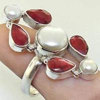 Rub 100a bague chevaliere t59 rubis perle 8gr argent925